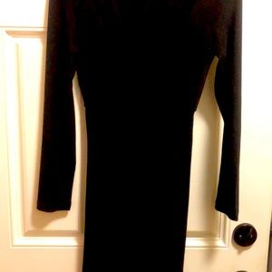 Women's V Neck Dress Midi Tunic Knee Length High Waist Low Hem Long Sleeve Wrap